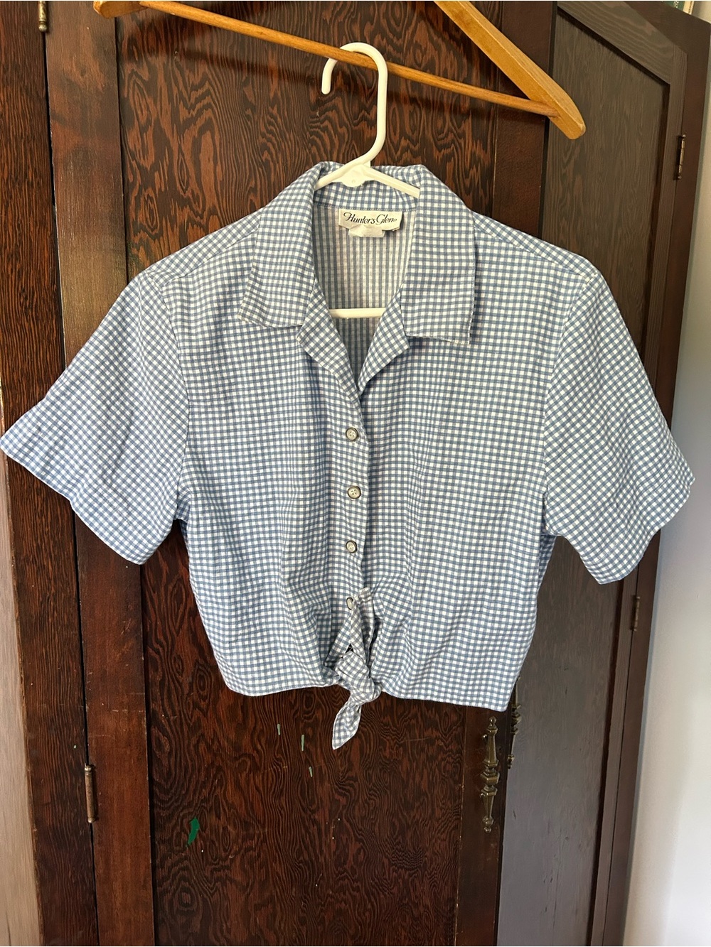 Vintage Blue Gingham Tie-Front Women's Shirt